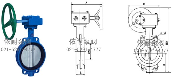 D371X蜗轮对夹蝶阀 外形尺寸图