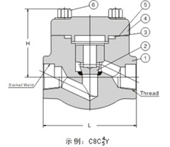  螺栓阀盖升降式锻钢止回阀 结构图1 