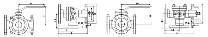 Q44/Q45法兰连接L型、T型(44)/(45)三通球阀 结构图