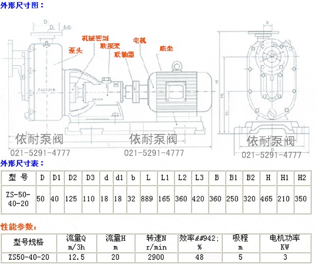 ZS型卧式玻璃钢自吸泵　尺寸及参数表